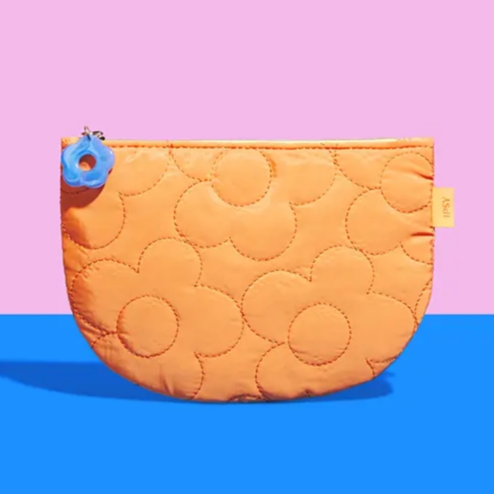 New Ipsy Orange Fabric Makeup Bag With Flower Charm